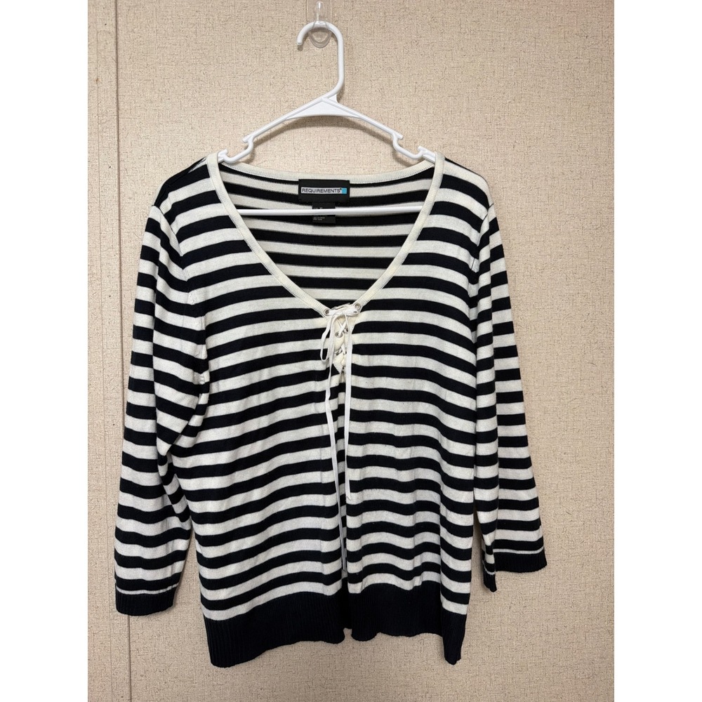 Requirements Womens XL Striped Lace Up V-Neck Sweater Black White 3/4 Sleeve